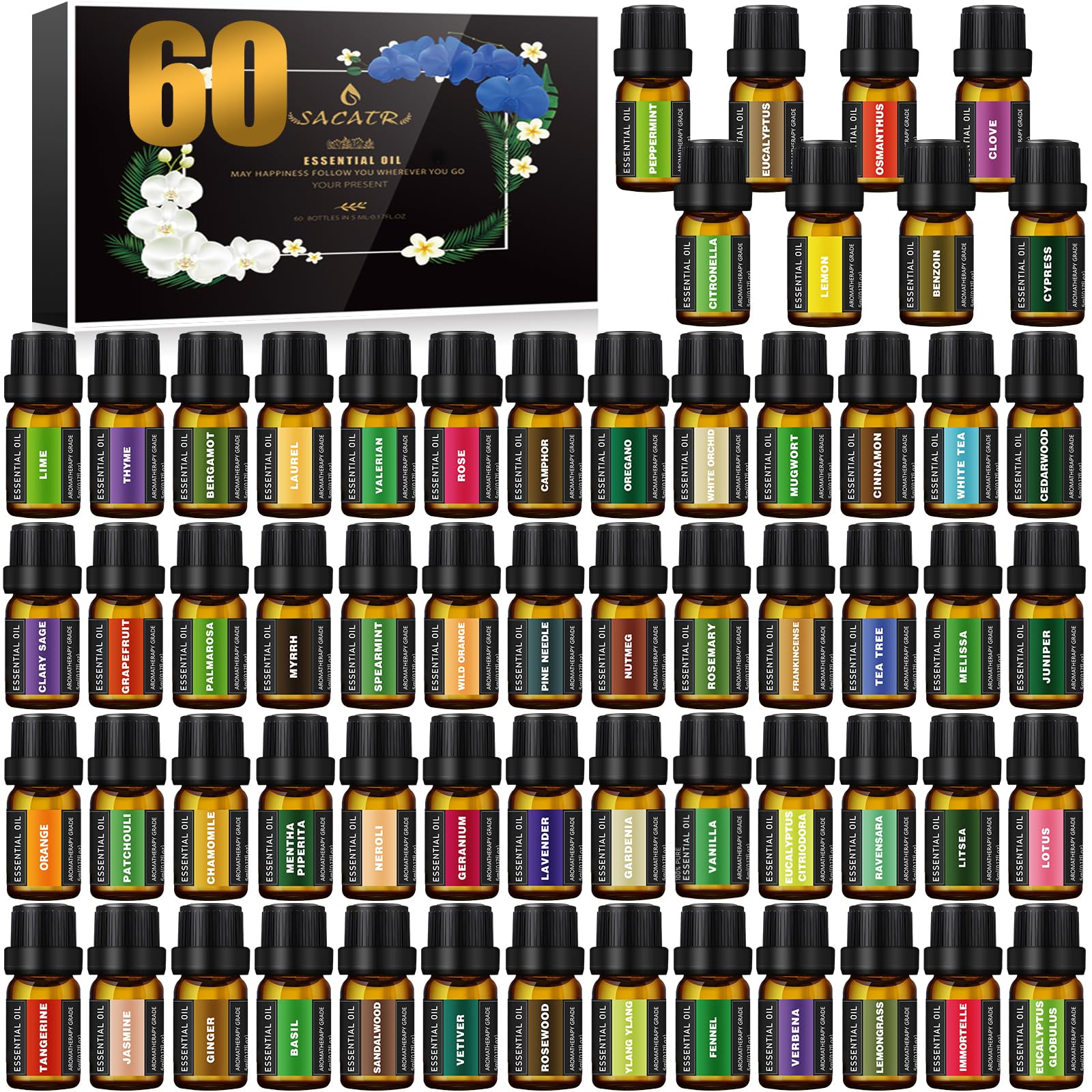SACATR 60-bottle set front view, ideal for diffusers and DIY blends