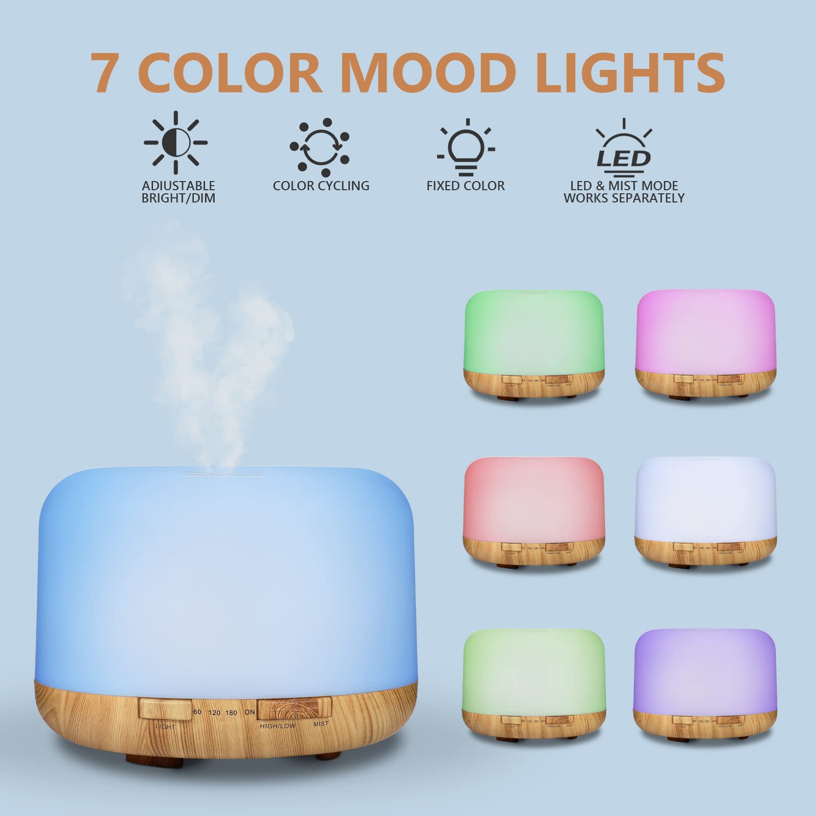 SACATR diffuser-led-lights presents 15 color options to set mood.