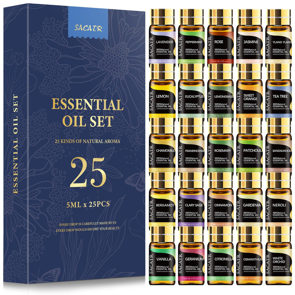 SACATR essential oil set 25 bottles ready for diffusing and DIY crafts.