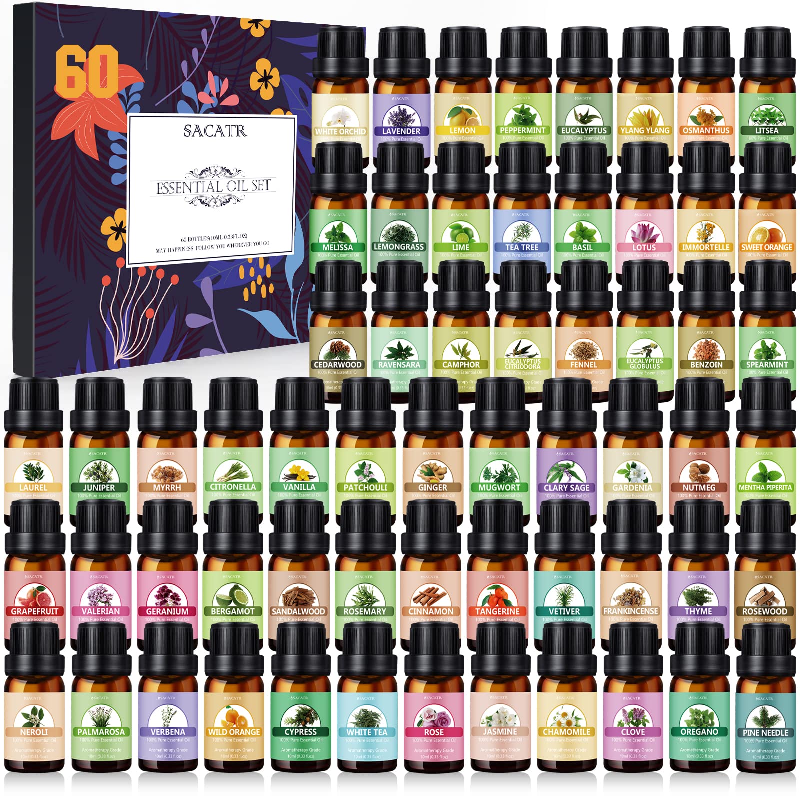 SACATR essential oil set 60-bottles on shelf, great for DIY diffusion