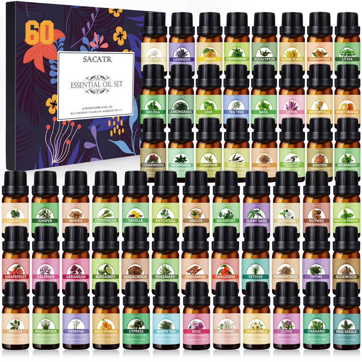 SACATR essential oil set 60-bottles on shelf, great for DIY diffusion