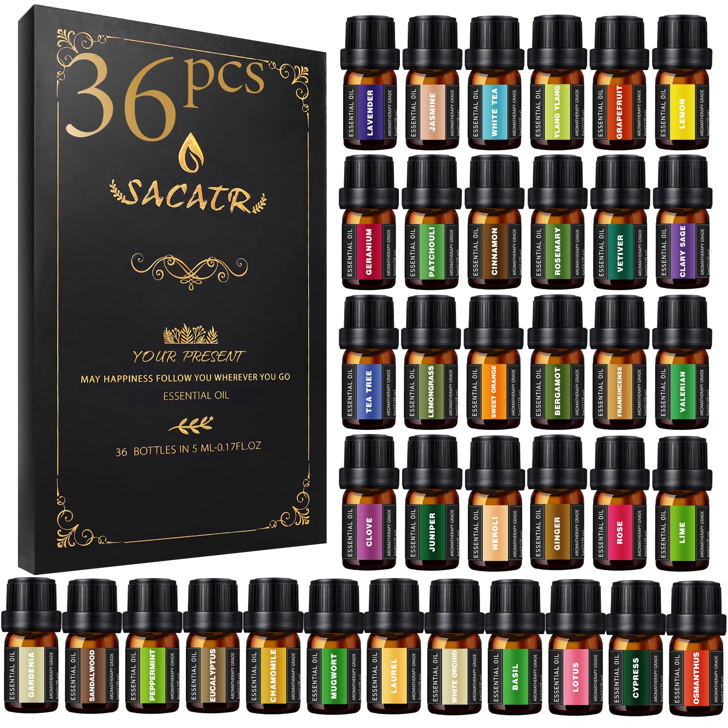 SACATR peppermint essential oil bottle for uplifting diffusions and massages.