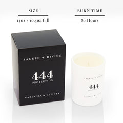 Sacred + Divine 444 angel-number candle supporting manifestation with high-vibration fragrance.