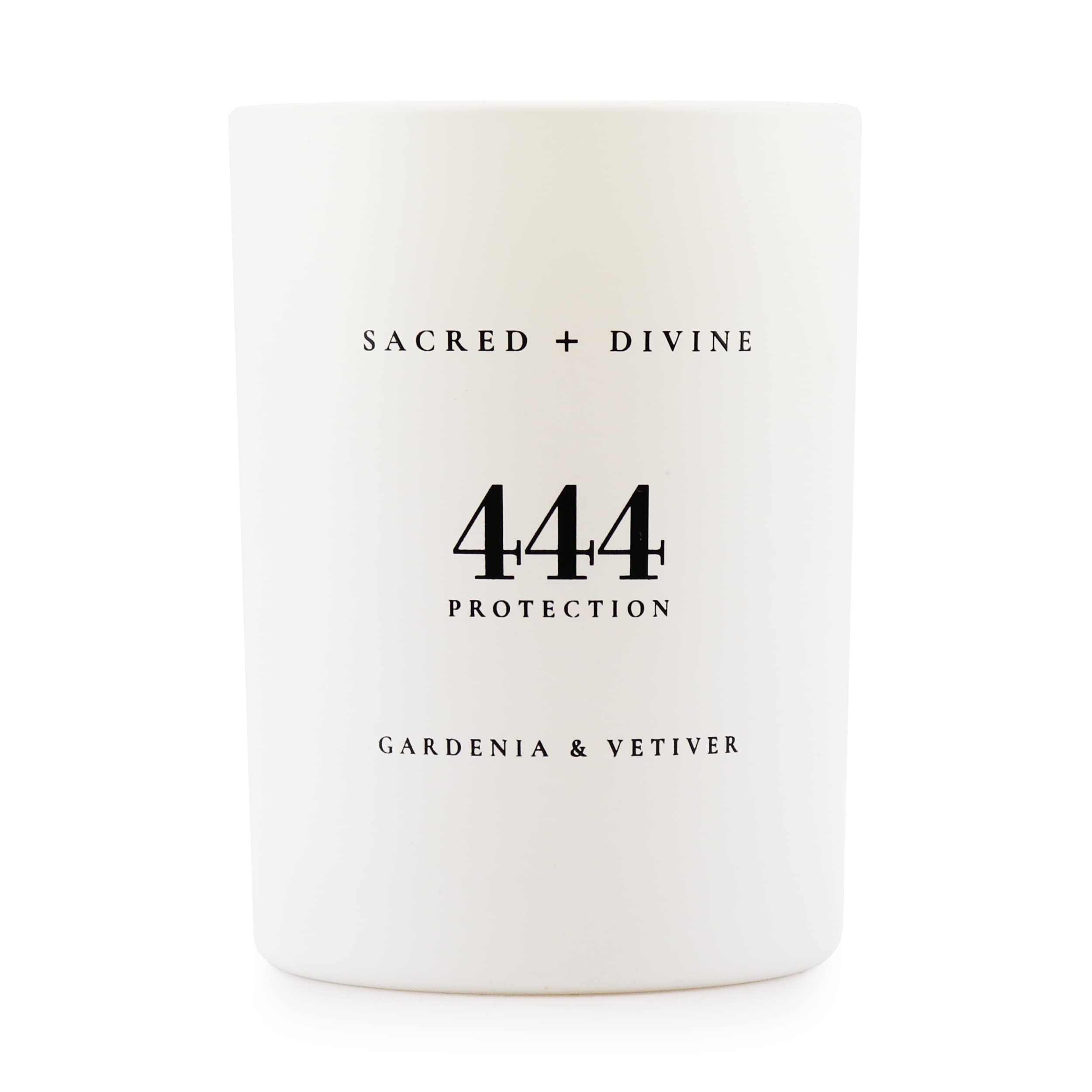 Sacred + Divine 444 candle with gardenia and vetiver for calming energy and protective vibes.