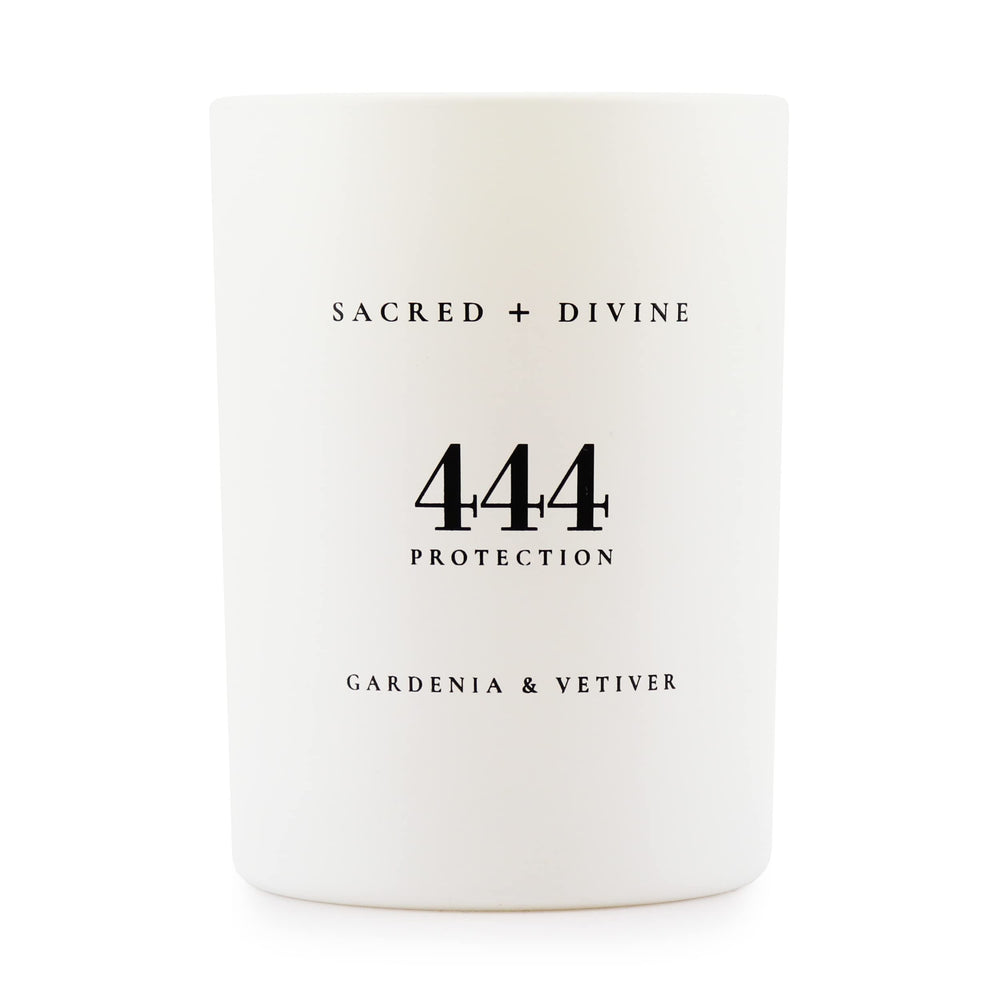 Sacred + Divine 444 candle with gardenia and vetiver for calming energy and protective vibes.