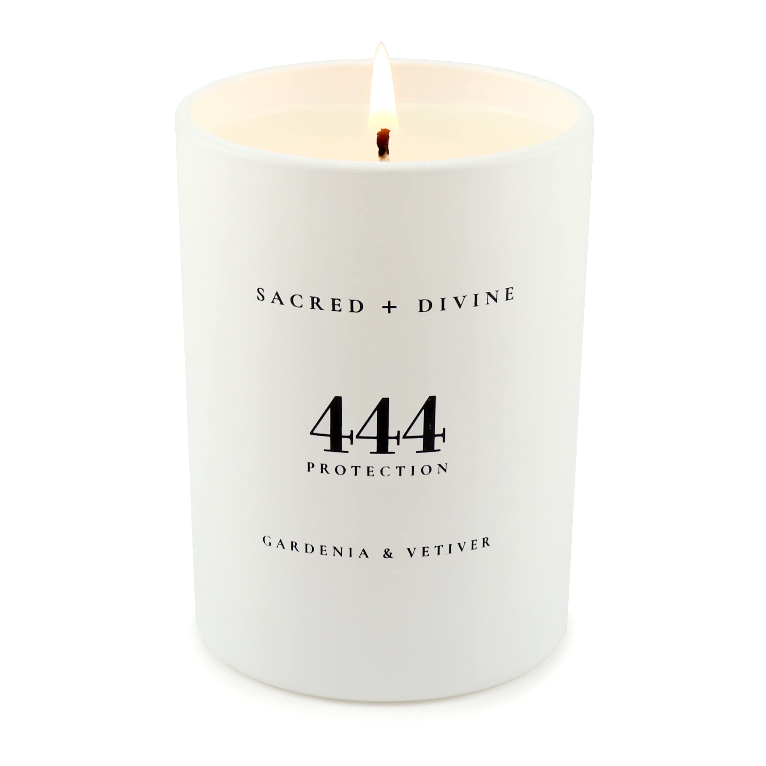 Sacred + Divine 444 candle in soy coconut wax for clean, slow burn and atmosphere.