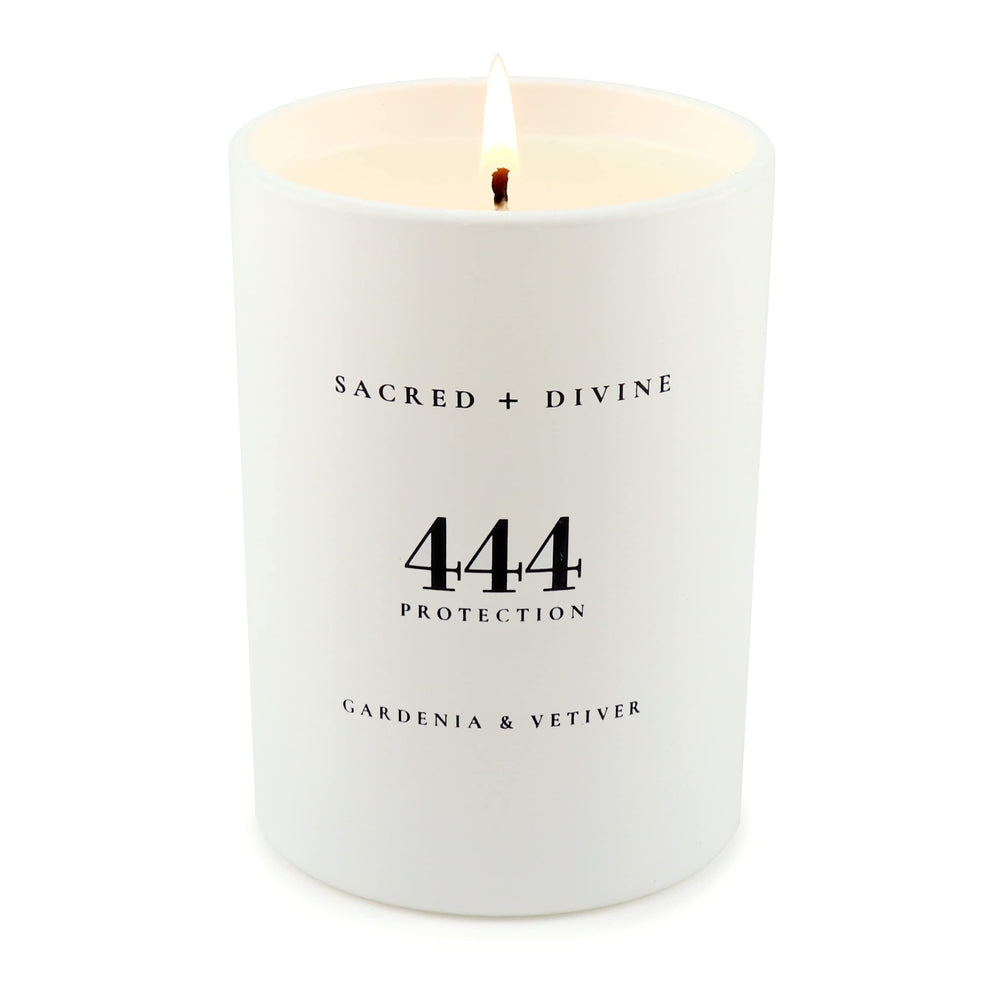 Sacred + Divine 444 candle in soy coconut wax for clean, slow burn and atmosphere.