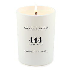 Sacred + Divine 444 candle in soy coconut wax for clean, slow burn and atmosphere.
