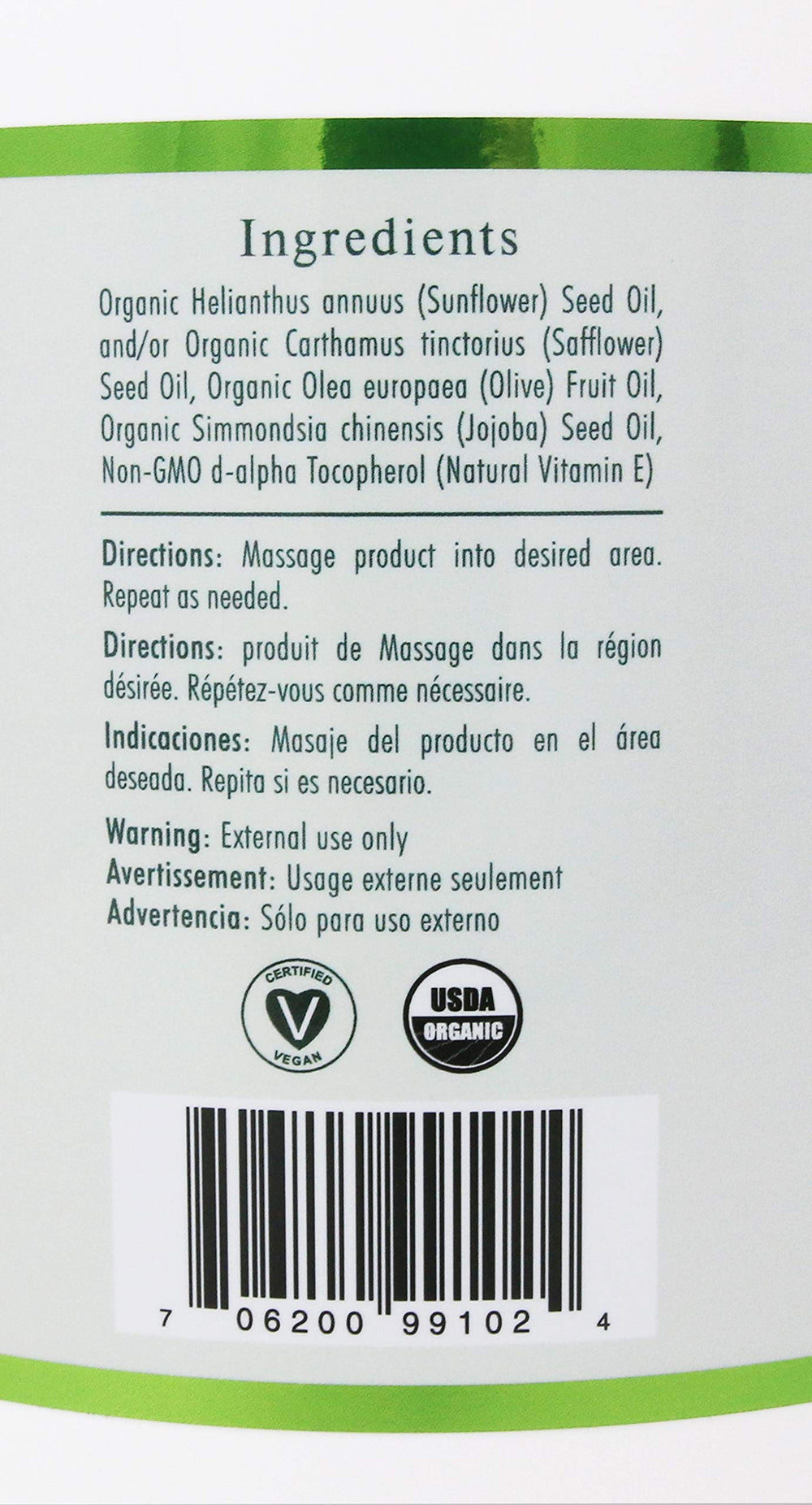 Sacred Earth Botanicals Organic Massage Oil 1 Gal label detail highlighting vegan and organic features