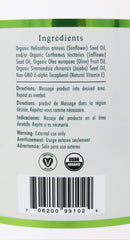 Sacred Earth Botanicals Organic Massage Oil 1 Gal label detail highlighting vegan and organic features