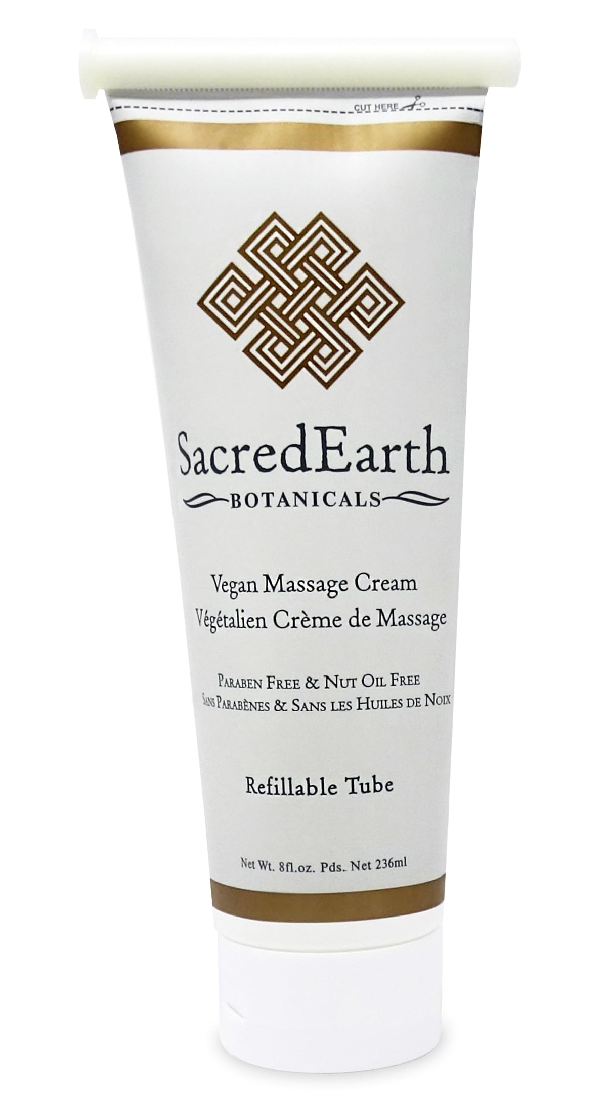 Sacred Earth Botanicals unscented massage cream tube offers smooth glide and easy washout from linens