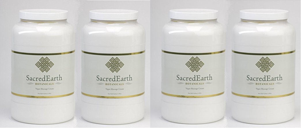 Sacred Earth Botanicals vegan massage cream 1 gal 4-pack bottle for full-body sessions, unscented and water dispersible.