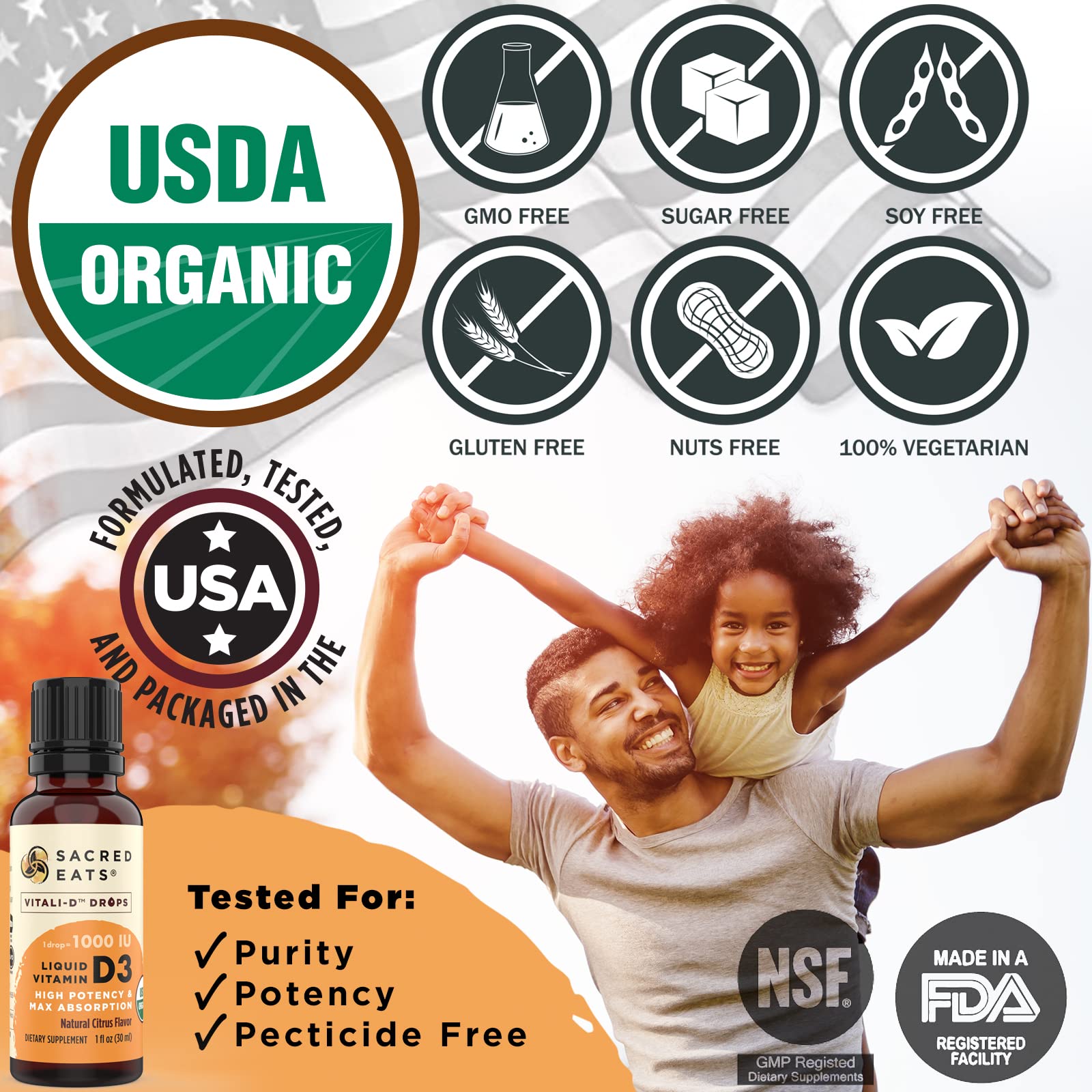 Sacred Eats citrus flavor drops with orange and lemon oils for pleasant taste.