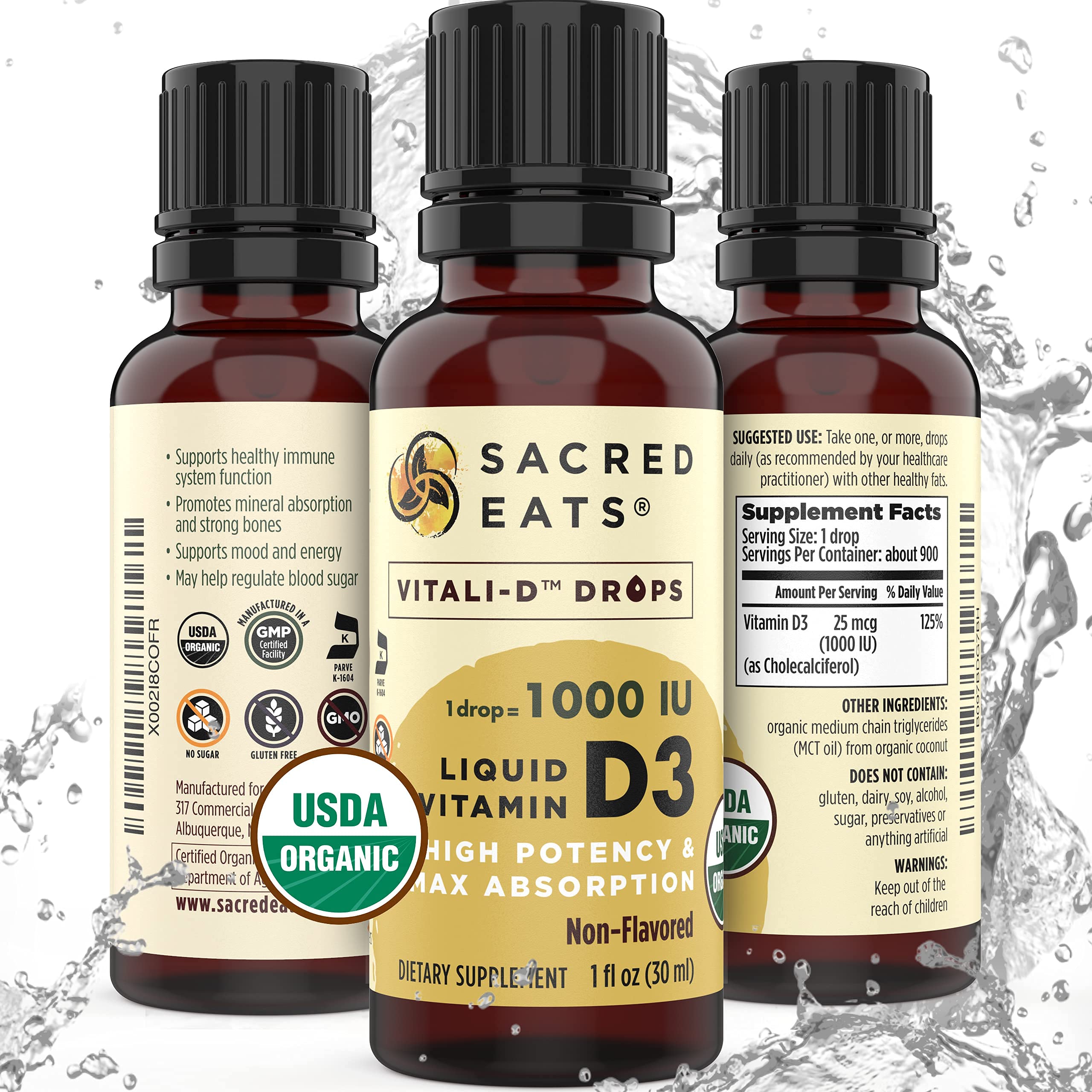 Sacred Eats Vitamin D Drops bottle front with 1000 IU per drop
