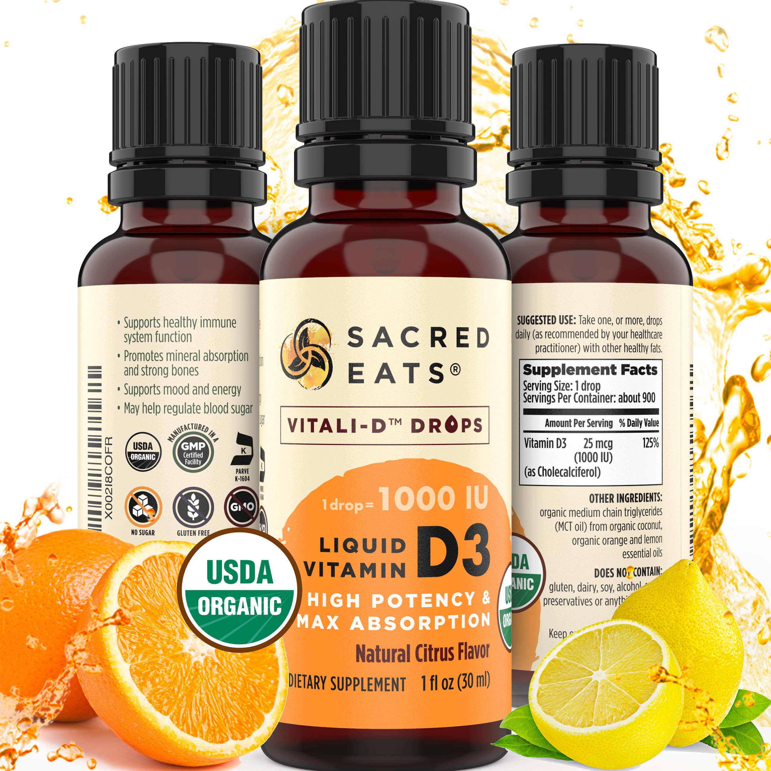 Sacred Eats vitamin D drops bottle with citrus flavor for easy daily dosage.