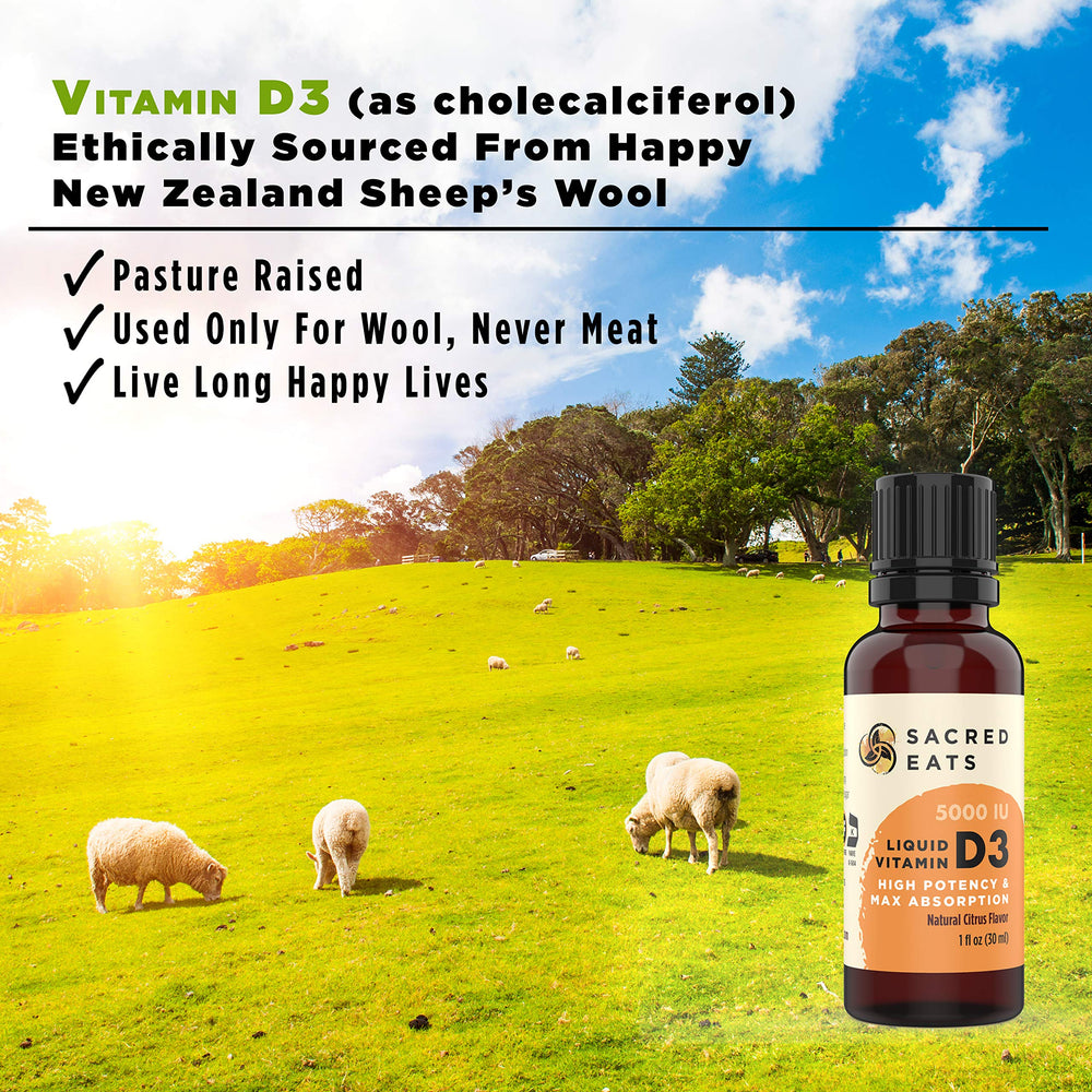 Sacred Eats Vitamin D Drops liquid drops on a spoon for sublingual use