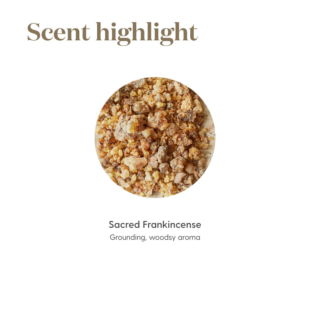 Sacred Frankincense woodsy aroma enhancing focus during prayer and yoga.