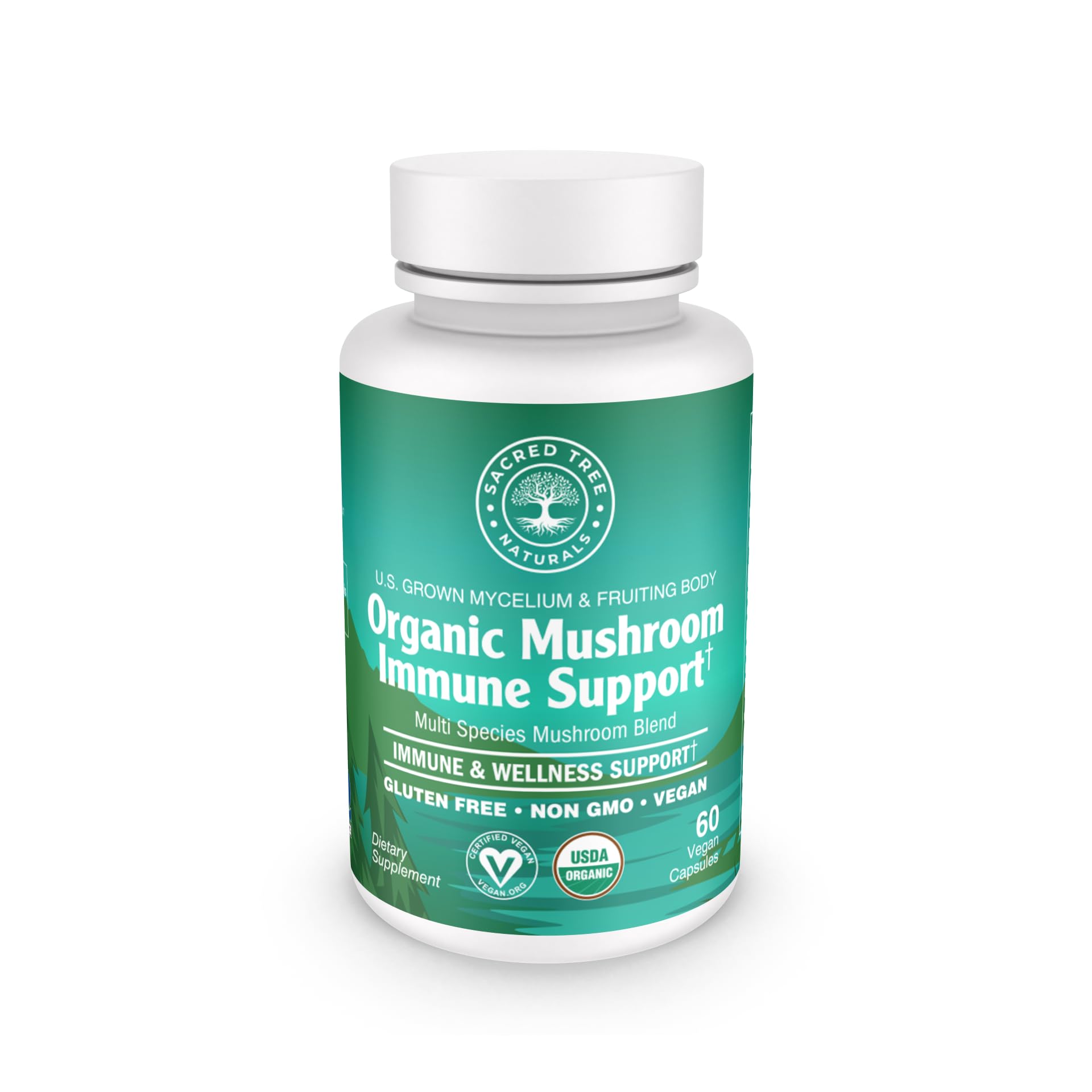 Sacred Tree Naturals immune bottle showing 9-mushroom blend for daily immune support.