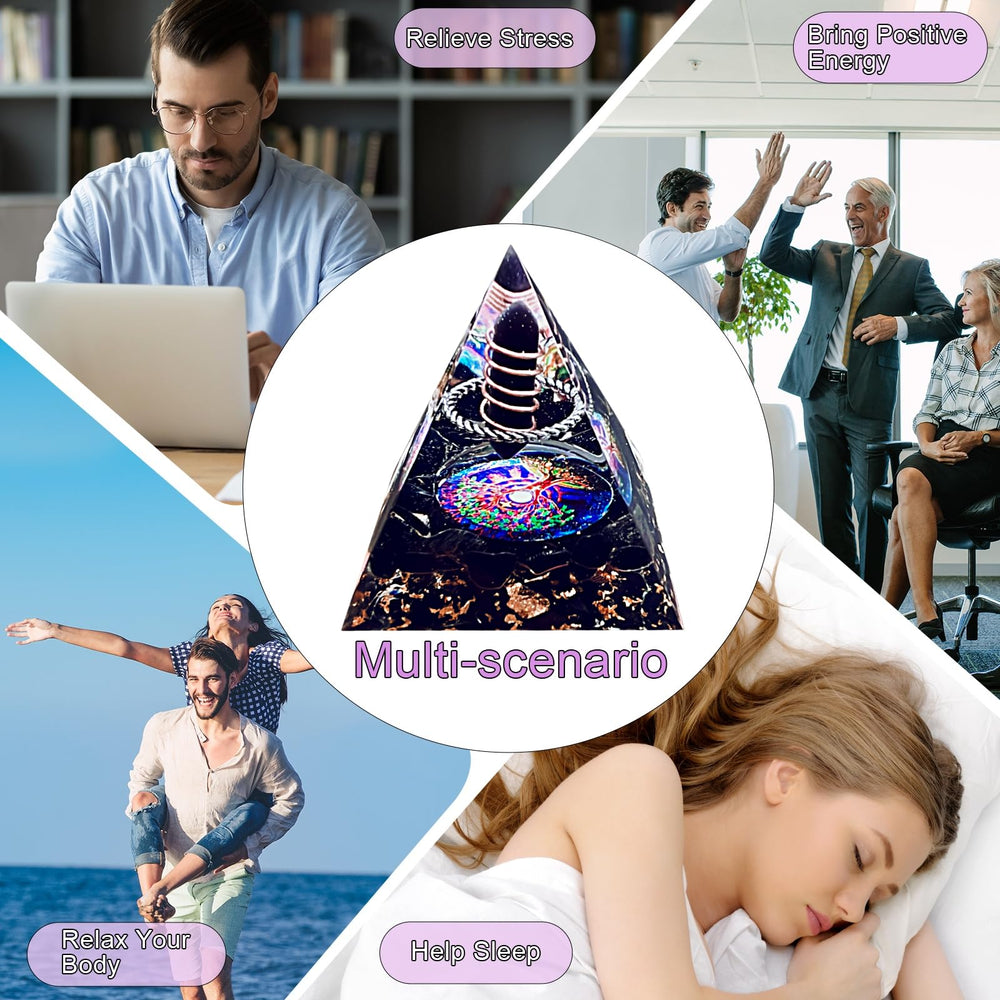 Saefheled orgonite pyramid on meditation mat supports focus and balance
