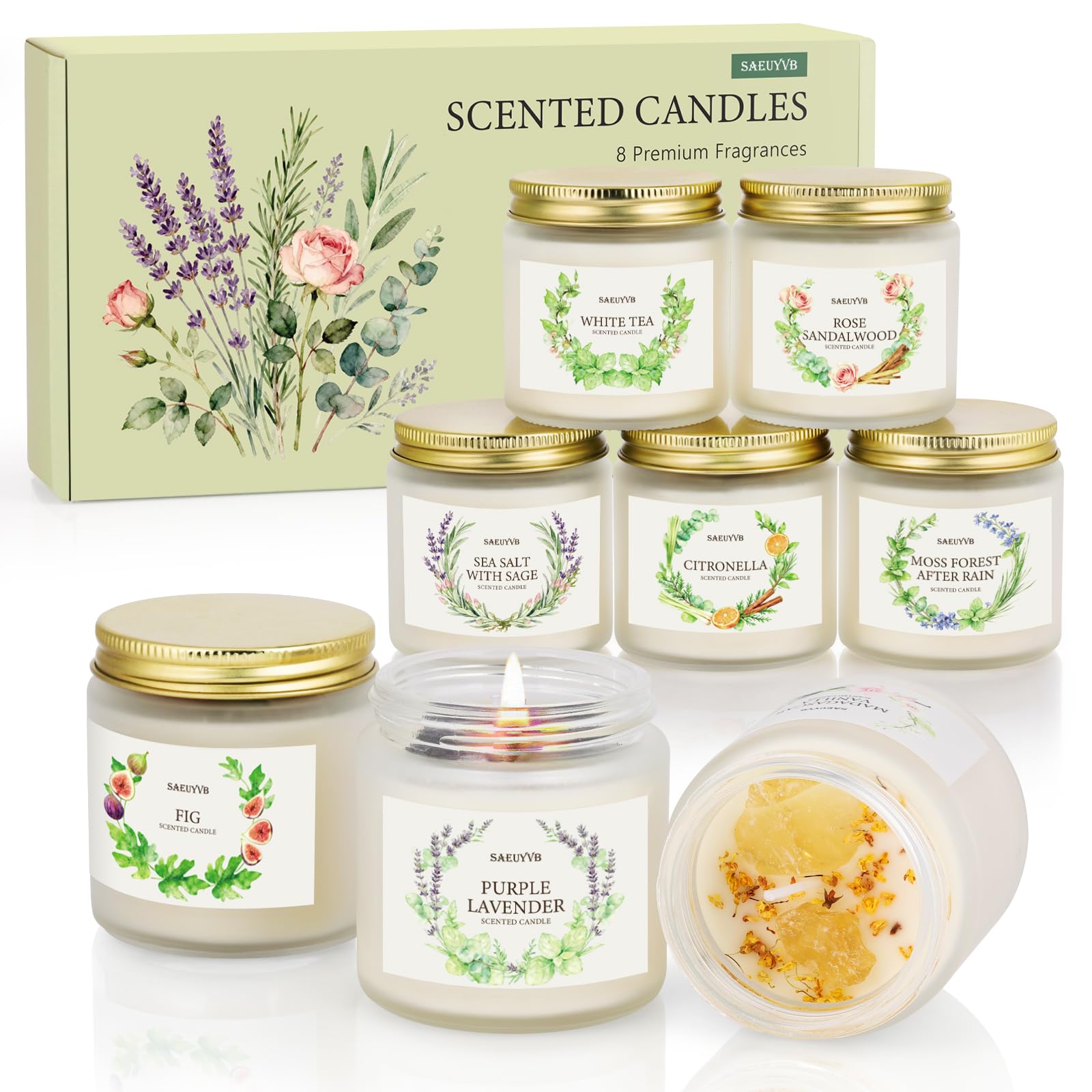 SAEUYVB 8-pack packaging view highlights a gift-ready candle set for celebrations.