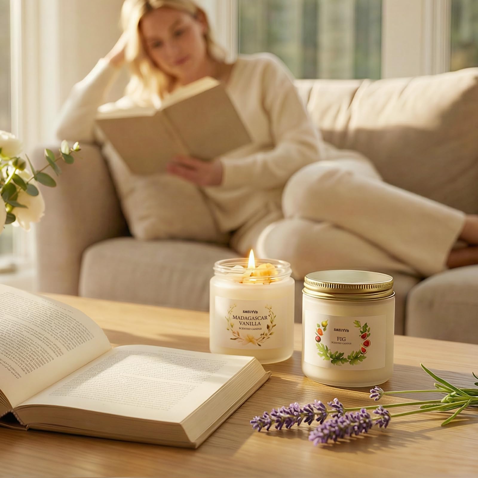SAEUYVB fig candle closeup suggests earthy, comforting atmosphere for relaxing evenings.