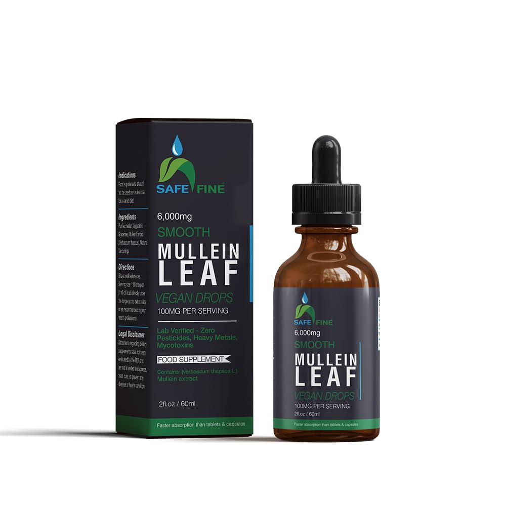 Safefine mullein tincture bottle pour highlights easy dosing for respiratory support.