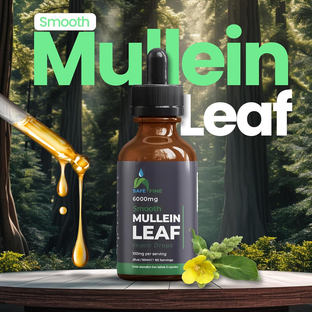 Safefine mullein tincture bottle with dropper ideal for fast under-tongue administration.