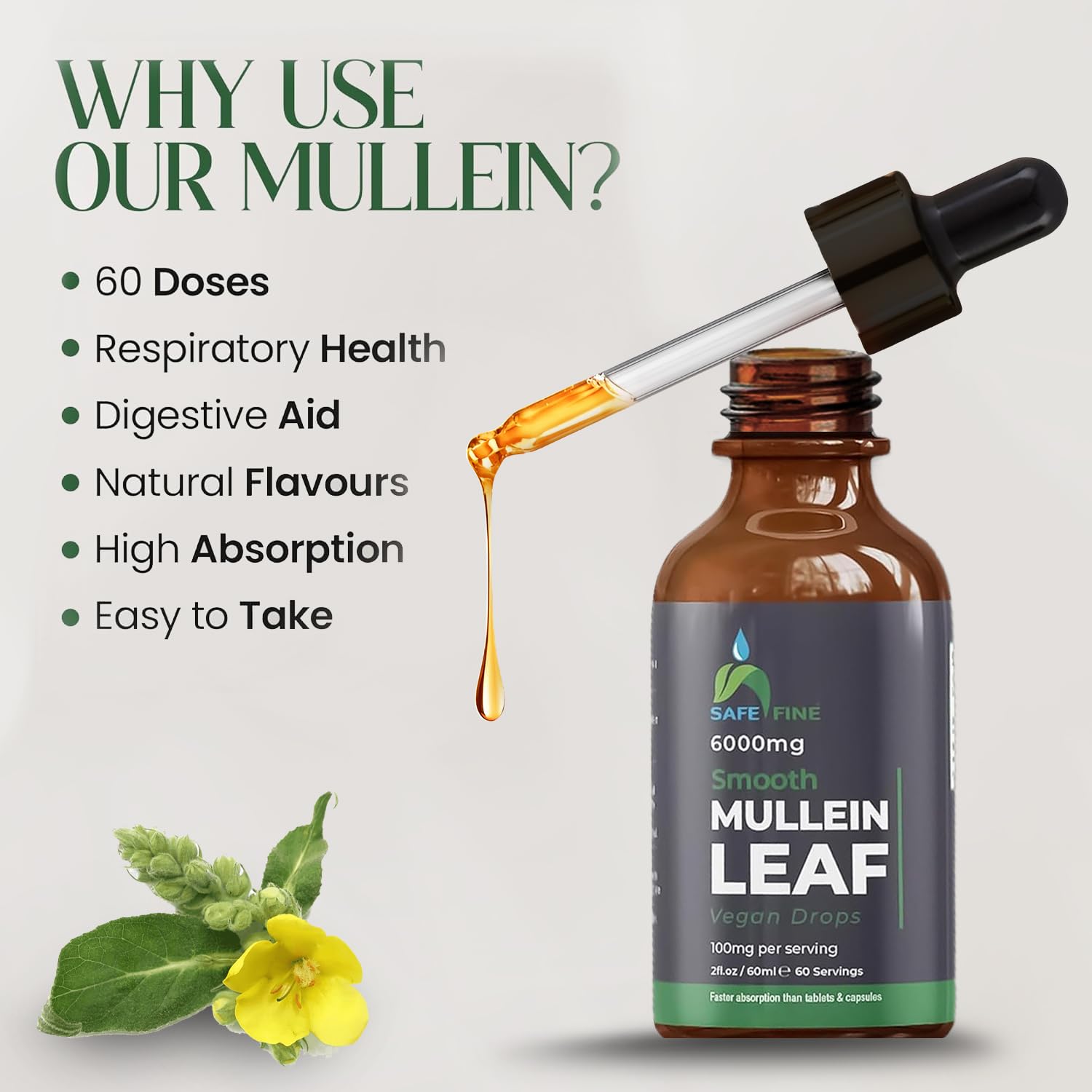 Safefine mullein tincture drops in water ready for everyday respiratory care.