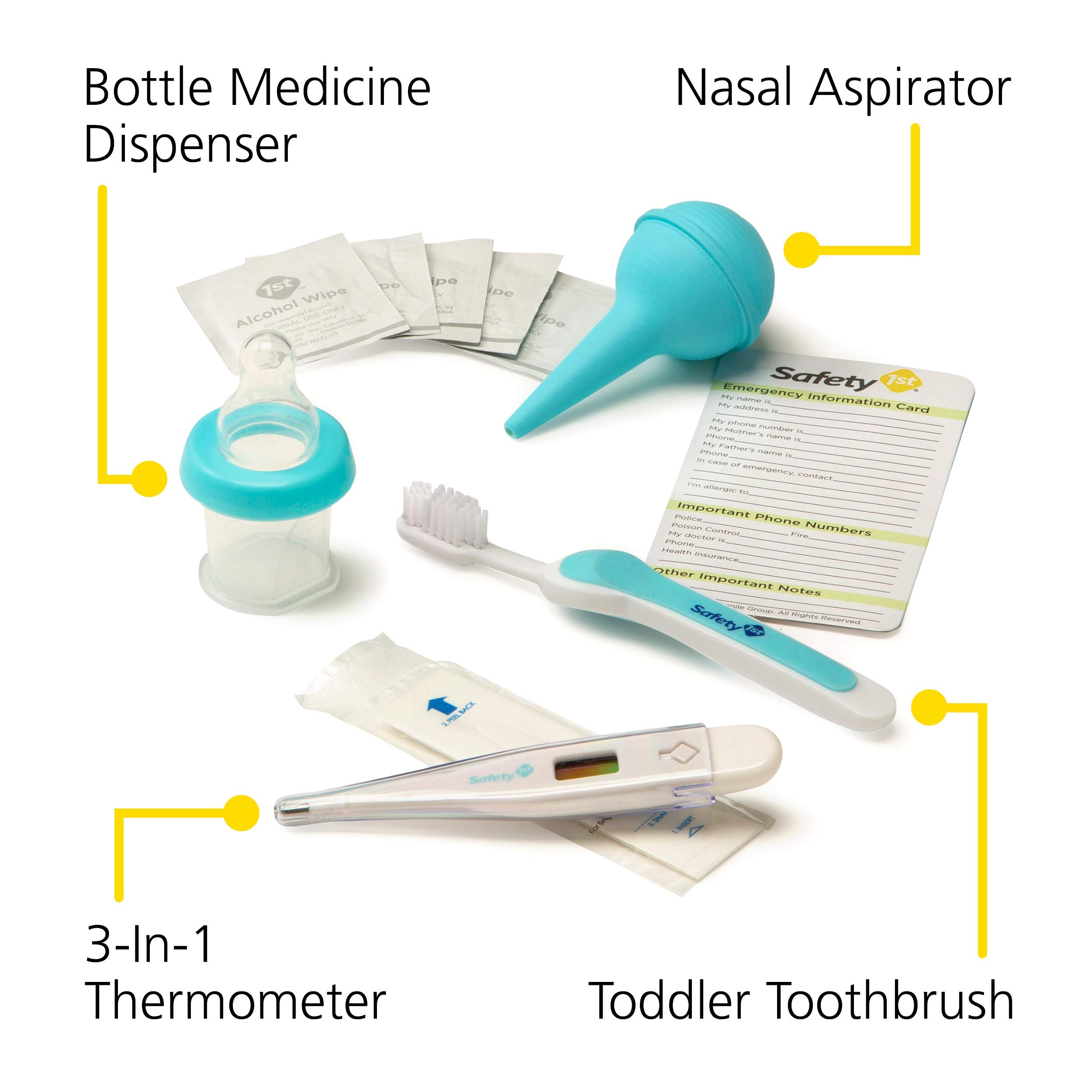 Safety 1st toddler toothbrush and bottle dispenser for easy oral care and medicine delivery.