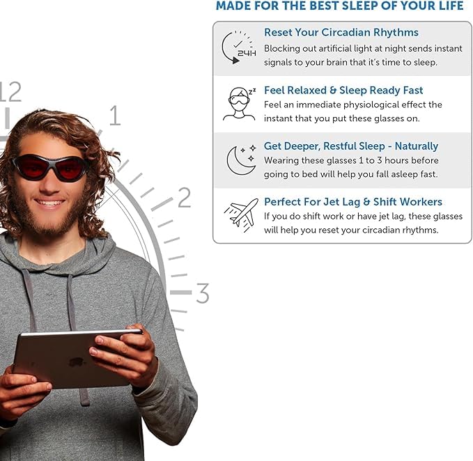 SafetyBlue travel-ready glasses help reduce jet lag impact on rest.
