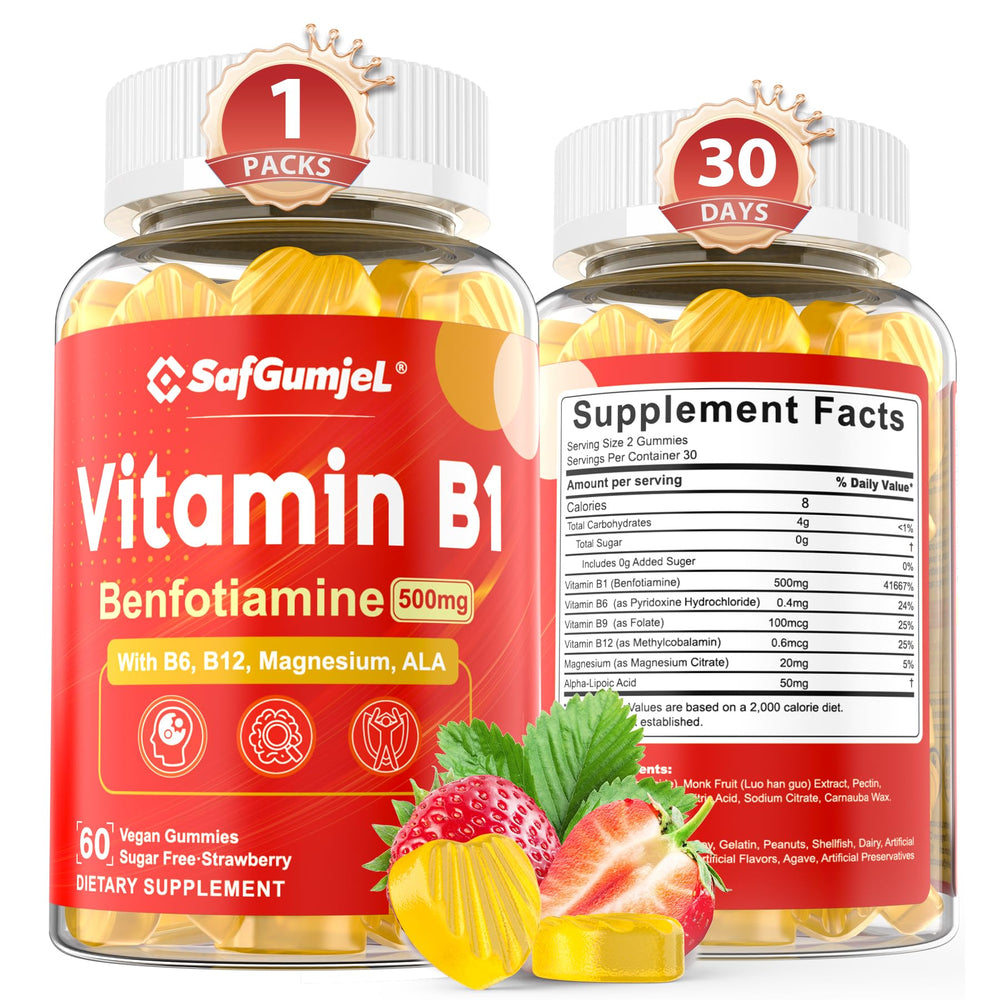 Safgumjel B1 benfotiamine gummies in a jar for daily energy support