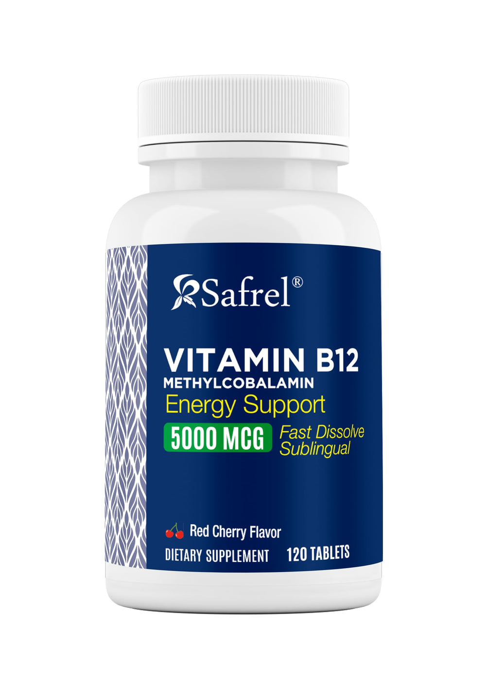 Safrel B12 5000 mcg fast-dissolve tablet ready for quick under-tongue absorption.