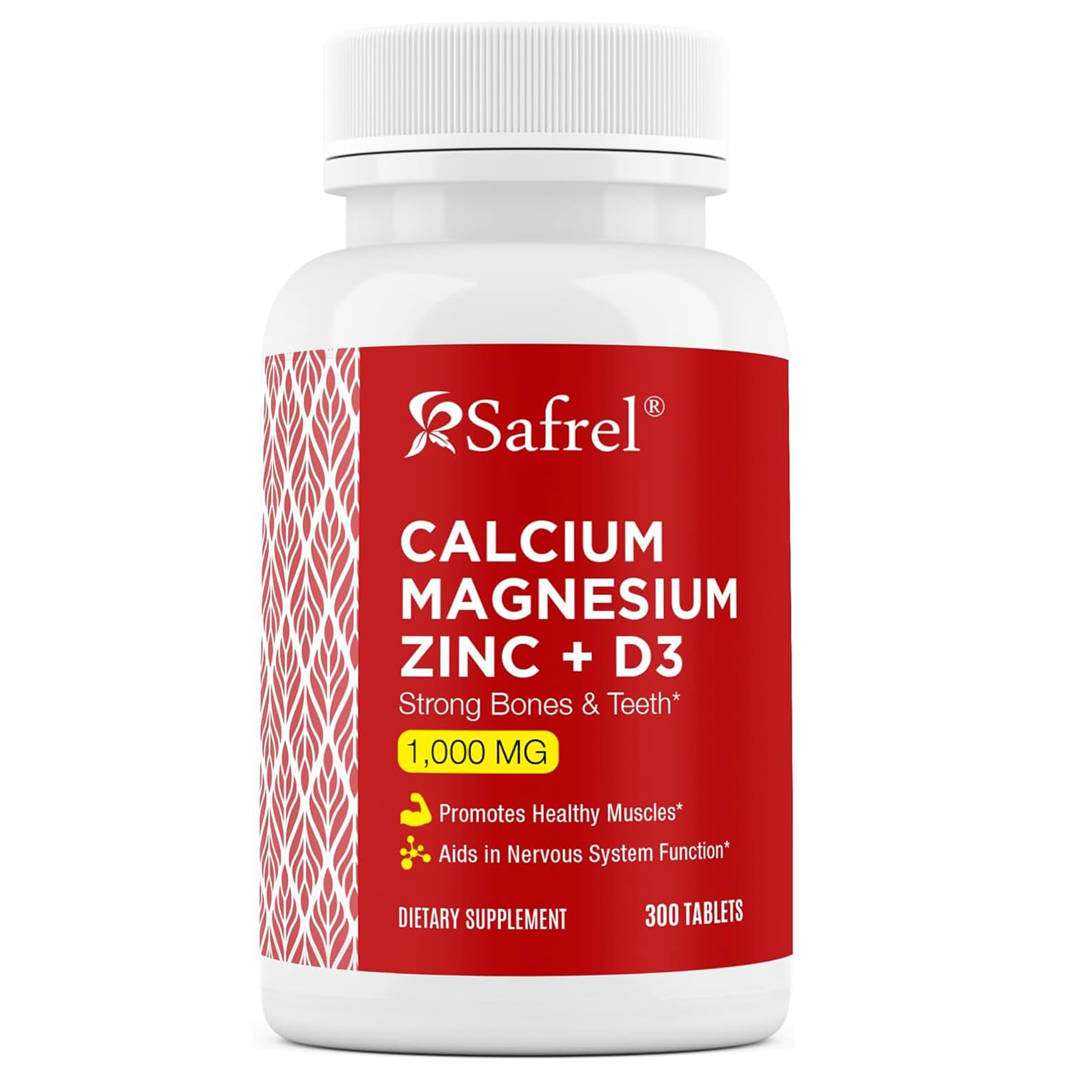 Safrel calcium magnesium zinc d3 bottle for bone support and daily wellness.