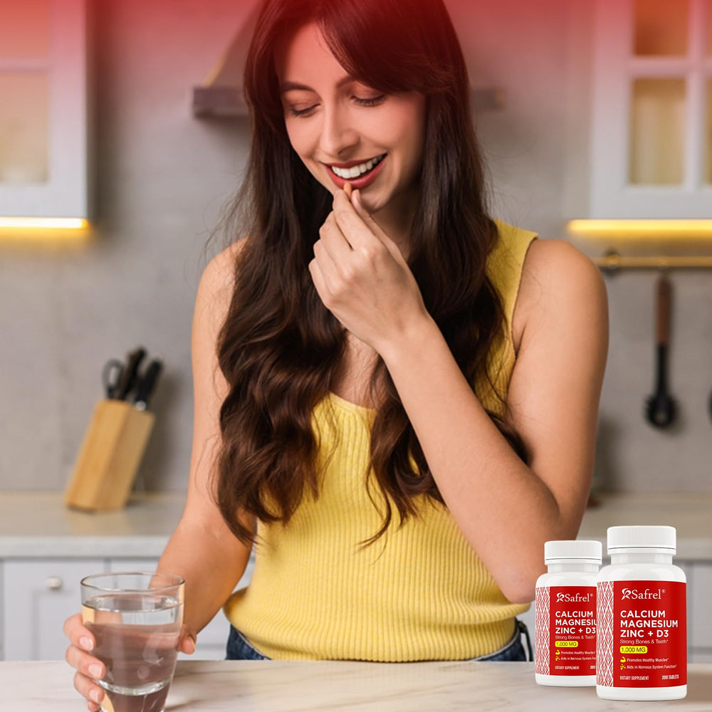 Safrel calcium magnesium zinc d3 capsules ready for immune-support routine.