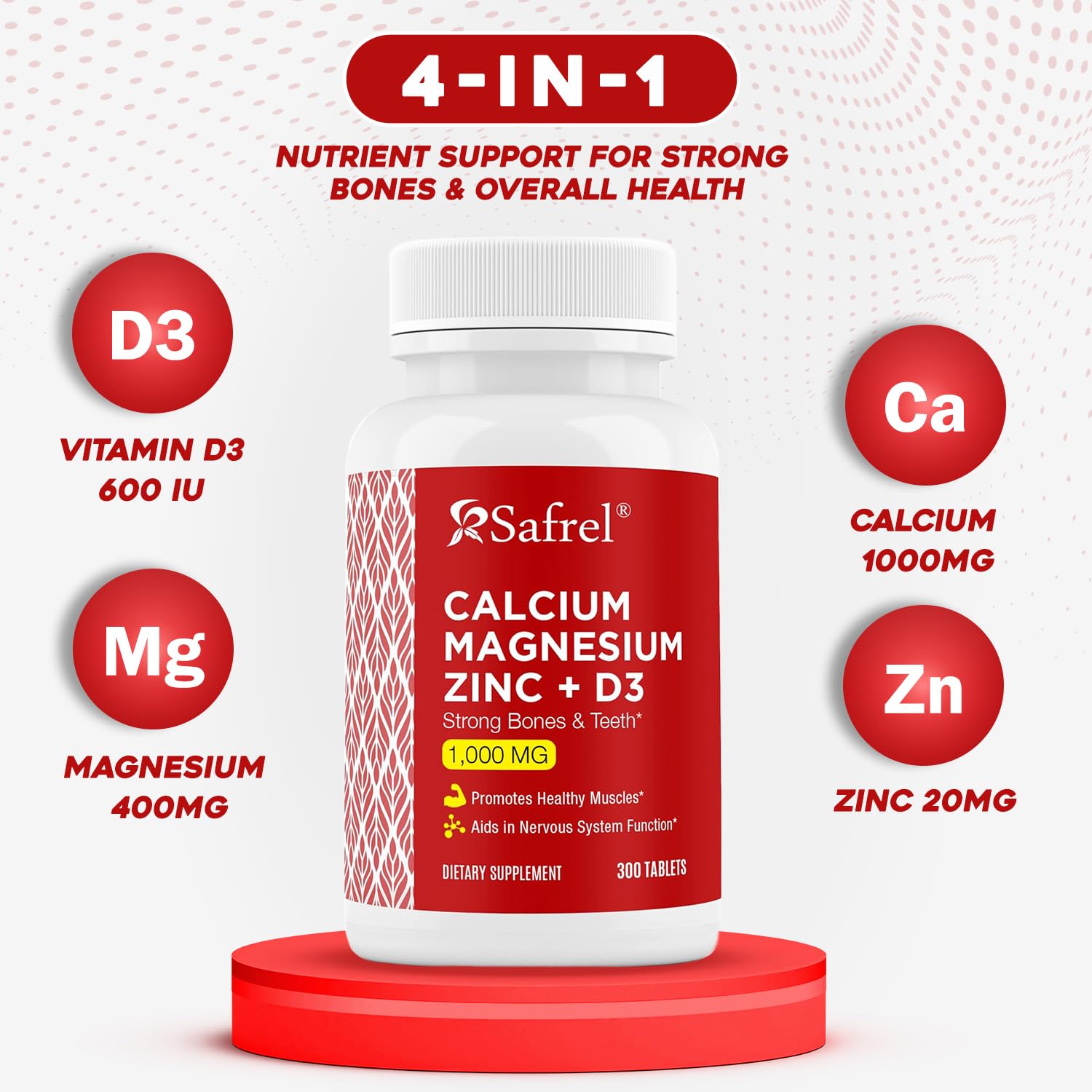 Safrel calcium-magnesium-zinc-d3 label shot highlighting vitamin d3 content and zinc benefits.