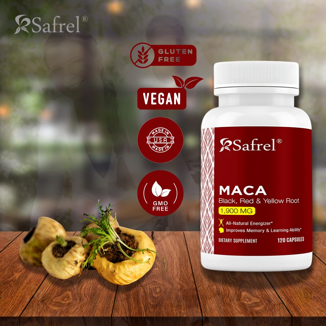 Safrel Maca capsules close-up highlights convenient daily energy support