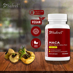 Safrel Maca capsules close-up highlights convenient daily energy support