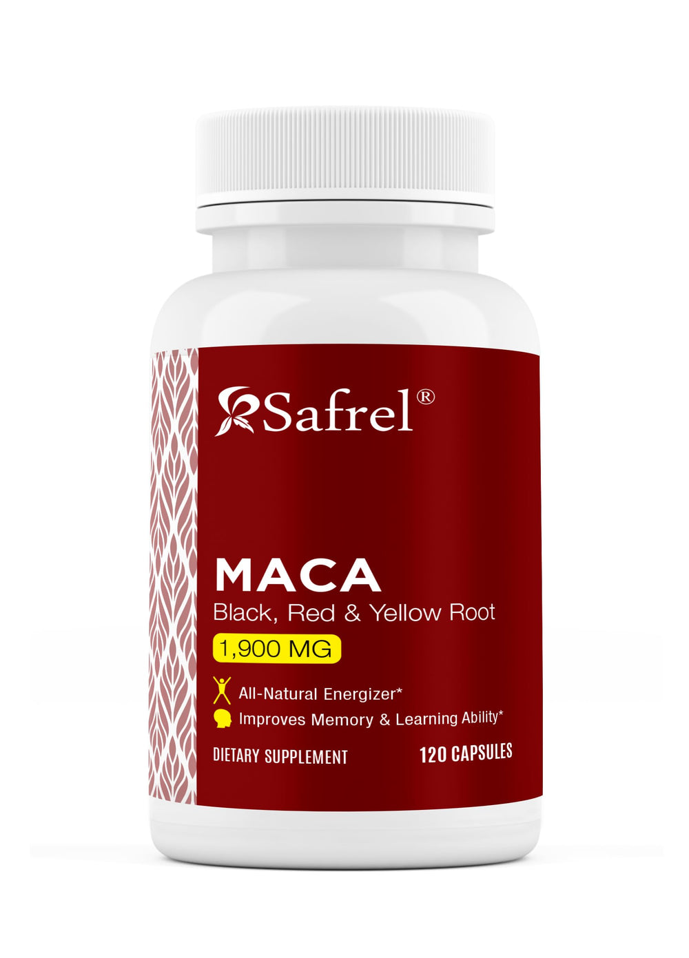 Safrel Maca triple-blend bottle shows natural energy support