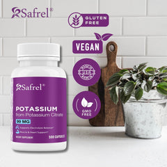 Safrel Potassium Cirate label detail highlighting vegan and non-GMO attributes