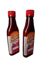 Saga Good Things cherry emulsion back view highlighting packaging and two bottles.