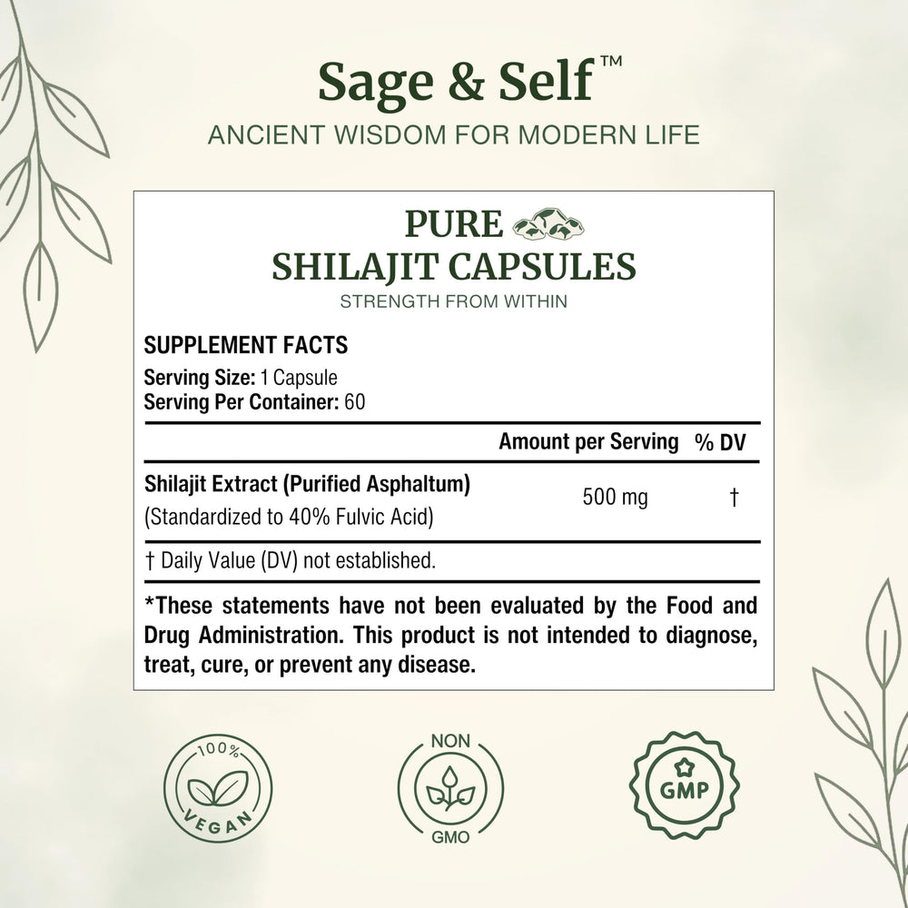Himalayan origin Sage & Self Shilajit packaging emphasizing purity and mineral content