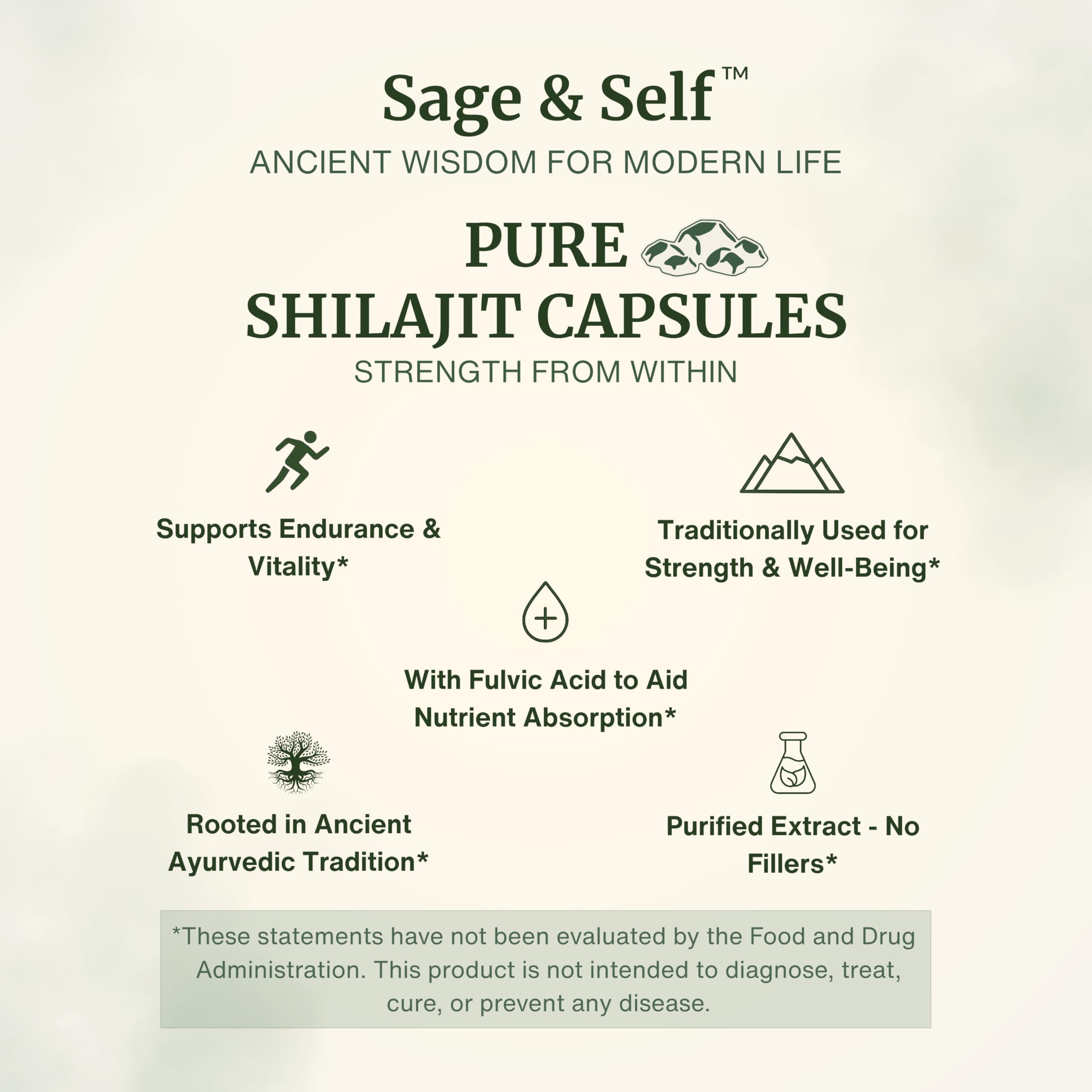 Close-up of Sage & Self Shilajit capsules highlighting vegan formula and purity