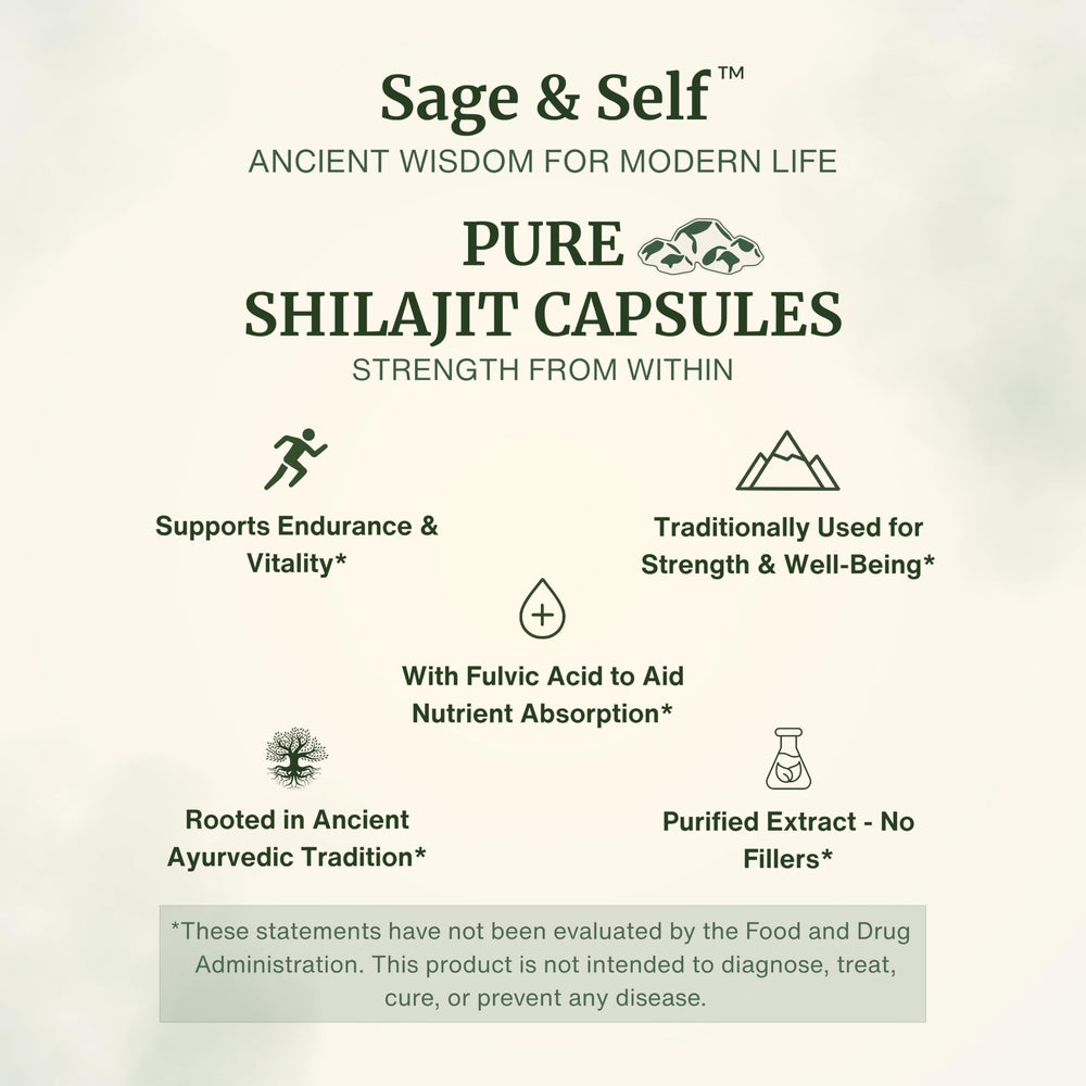 Close-up of Sage & Self Shilajit capsules highlighting vegan formula and purity