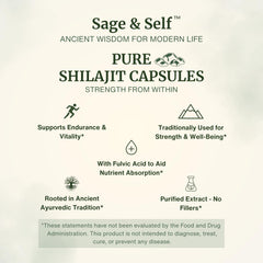 Close-up of Sage & Self Shilajit capsules highlighting vegan formula and purity