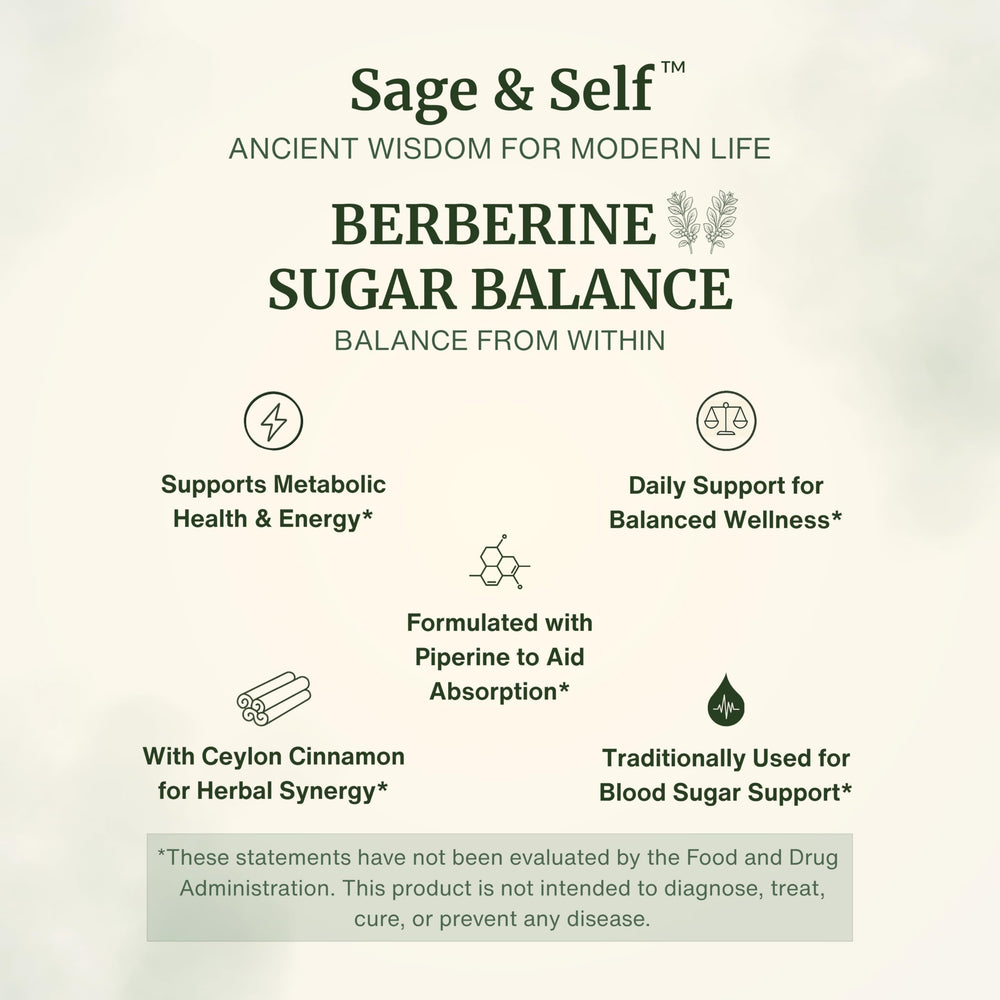 Sage & Self Berberine HCL capsules closeup, easy daily vegan supplement.