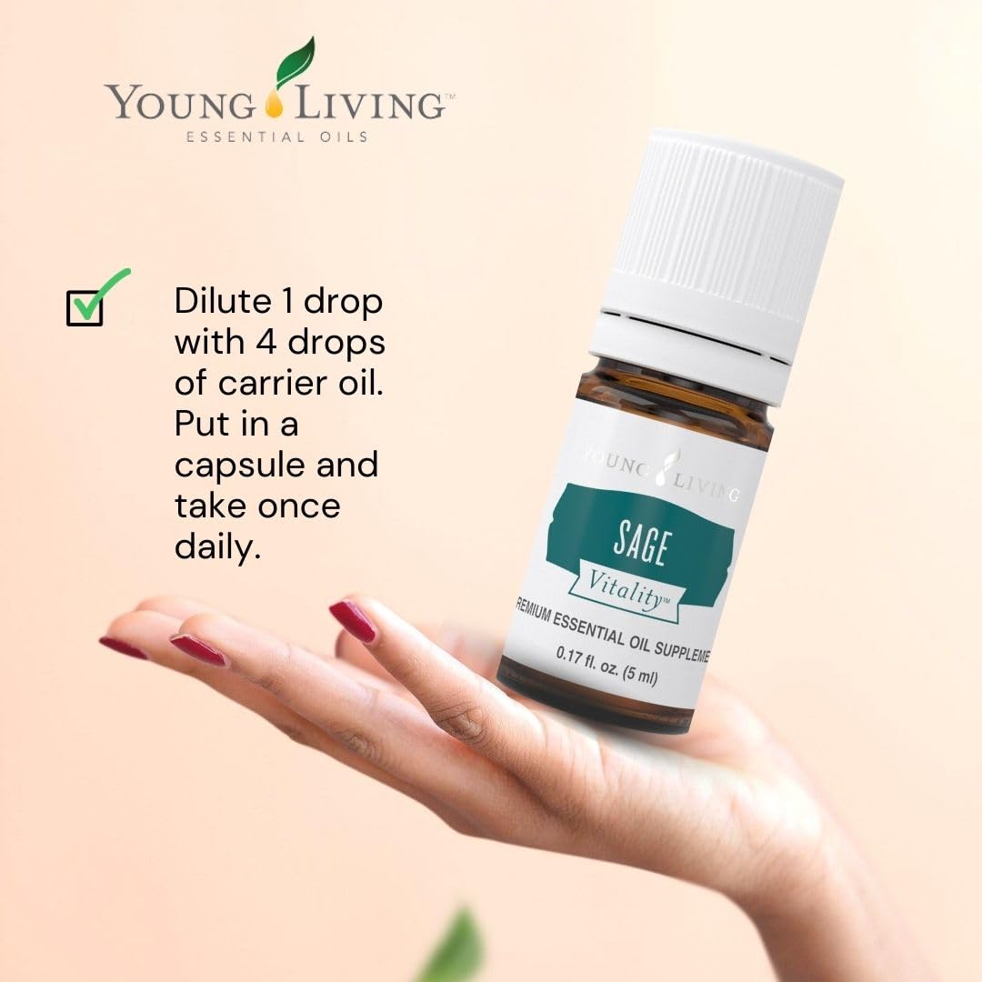 Young Living Sage Vitality bottle with label, a convenient wellness ally.