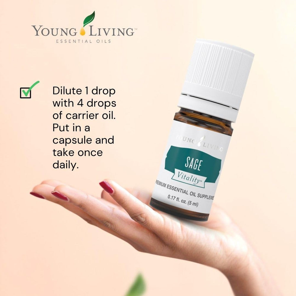 Young Living Sage Vitality bottle with label, a convenient wellness ally.