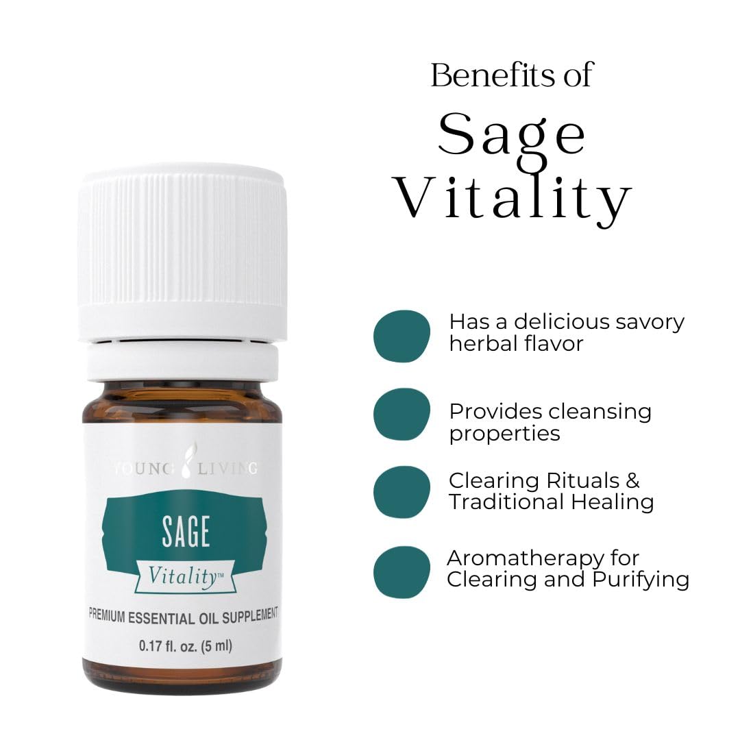 Young Living Sage Vitality bottle beside sage leaves, ideal for culinary flavor and calming scents.