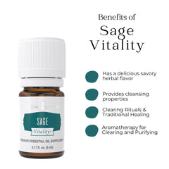 Young Living Sage Vitality bottle beside sage leaves, ideal for culinary flavor and calming scents.