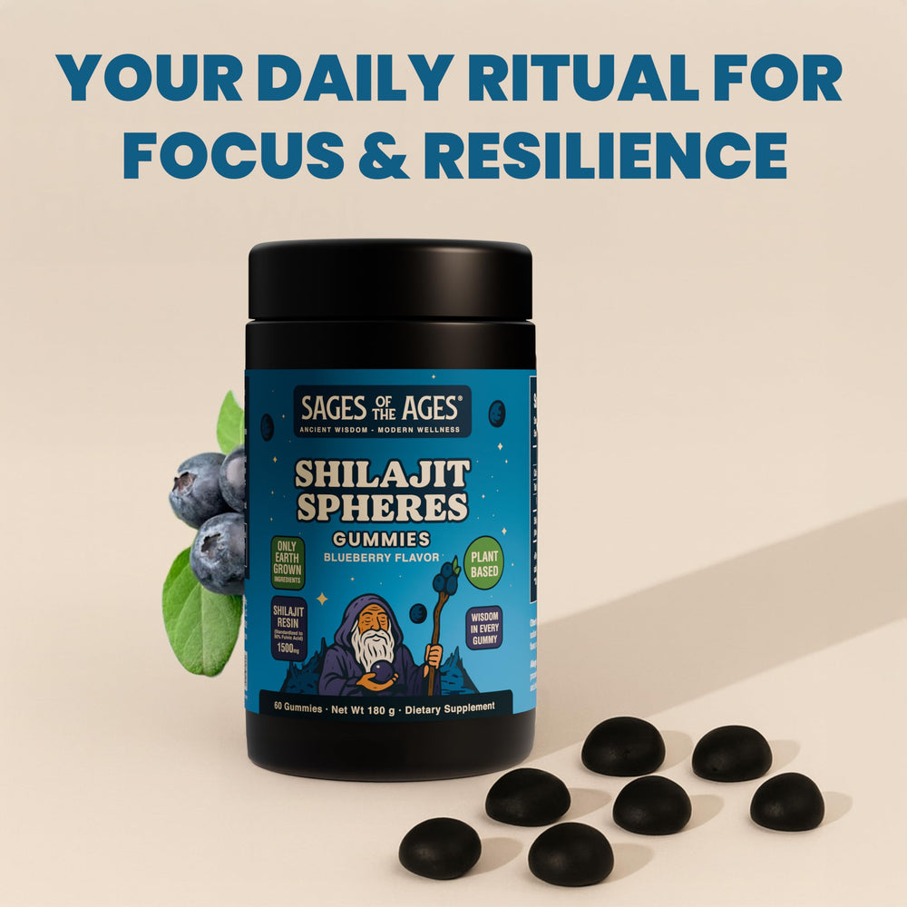 Sages Of The Ages Shilajit Gummies ingredients panel highlighting fulvic and humic acids.